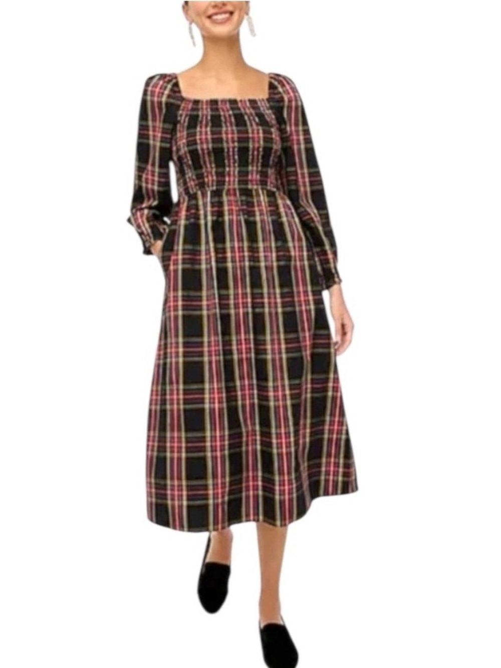 J. Crew Tartan Plaid Cotton Poplin Smocked Bodice Midi Dress